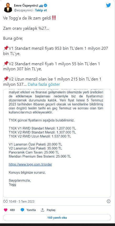 TOGG fiyatlarına yüzde 27 zam geldi - Resim : 1