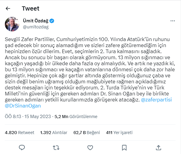 Zafer Partisi Genel başkanı Ümit Özdağ milletvekili seçilemedi - Resim : 1