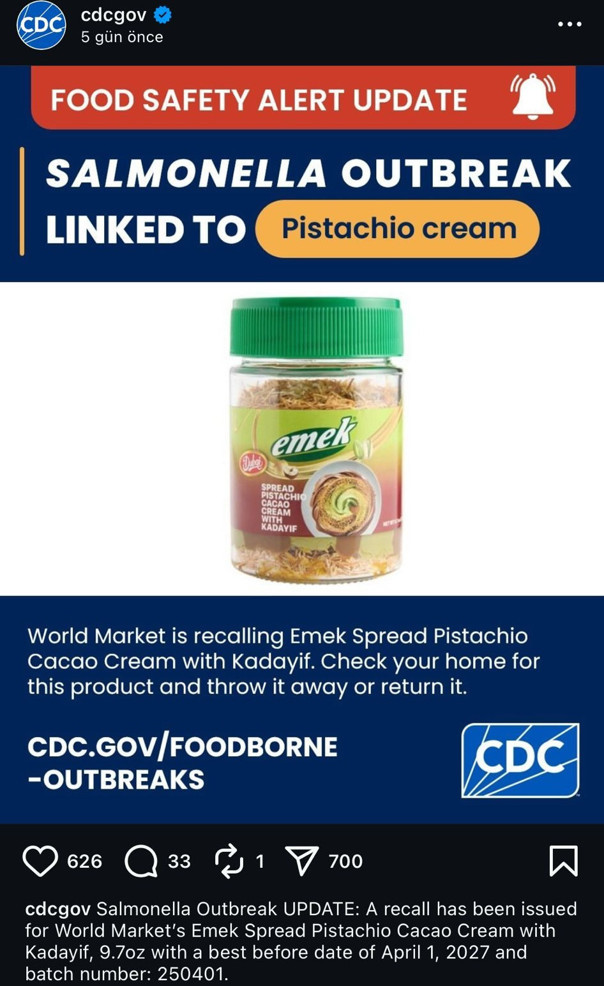 ABD'de Türk malı fıstıklı çikolata ezmesinde salmonella alarmı! Raflardan toplatıldı - Resim : 1