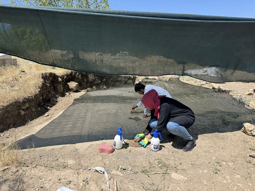 Diyarbakır'ın Ergani ilçesinde Davut Yıldızı sembolü ve Grekçe yazı bulunan mozaik bulundu - Resim: 2