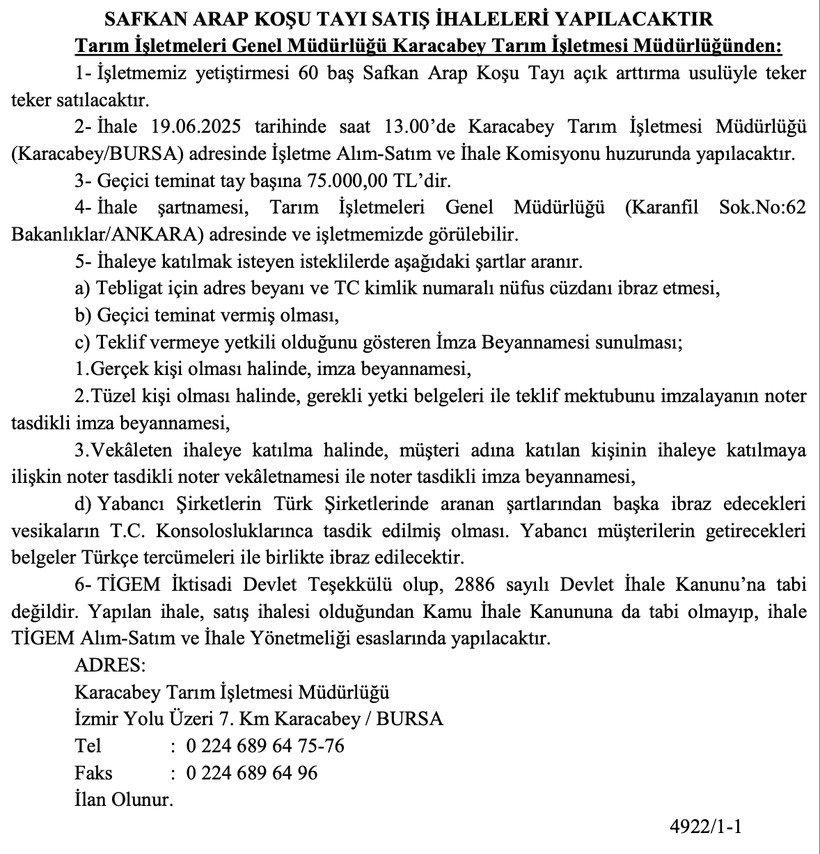Resmi Gazete'de yayınlandı: TİGEM Arap atı satıyor - Resim : 1