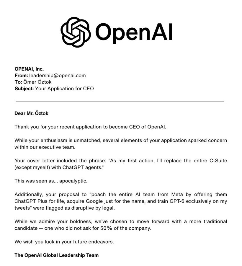 Türk girişimci OpenAI CEO'su olmak için başvuru yaptı: Vaatleri değerlendiren OpenAI'ın esprili yanıtı viral oldu - Resim : 1